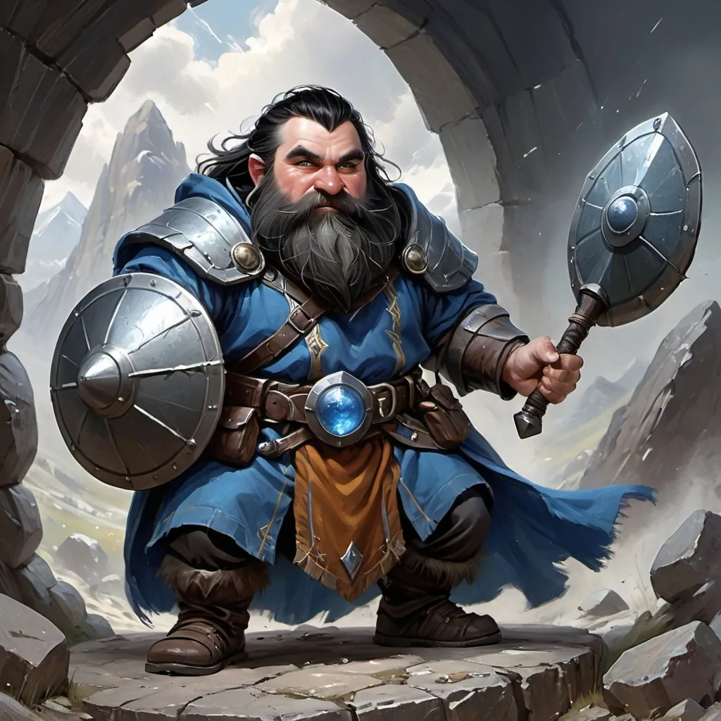 Prompt: mail mountain dwarf wizard with black hair wearing blue robe wielding a shield
