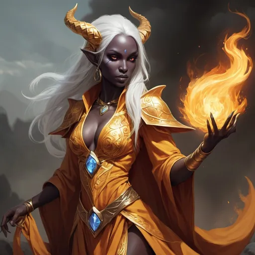 Prompt: drow dragon born fire genasi sorceress in golden dragon robes of summer