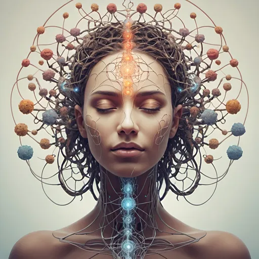 Prompt: artistic image showing an empath whose mind is connected to the minds of all humans like mycellium

