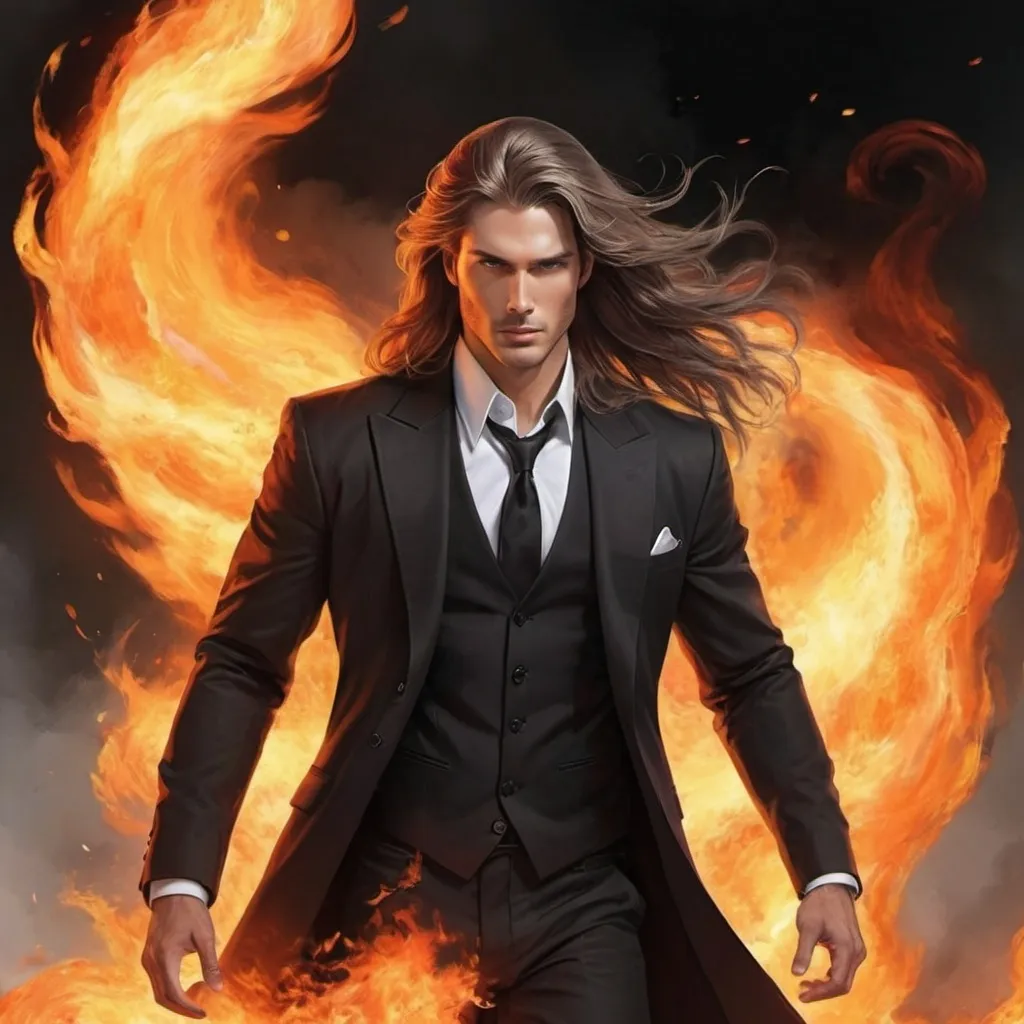 Prompt: Angell long hair extremely handsome  arriving on earth in a fiery blaze