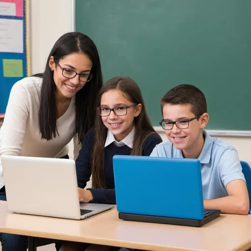 Prompt: Create a couple students sitting with a computer with an engaging teacher