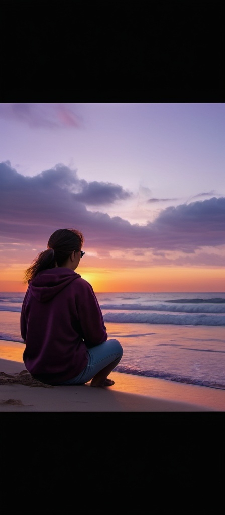 Prompt: a person sitting on a beach watching the sunset with a camera attached to their back and a cell phone in front of them, Cheng Shifa, aestheticism, sunset, a picture