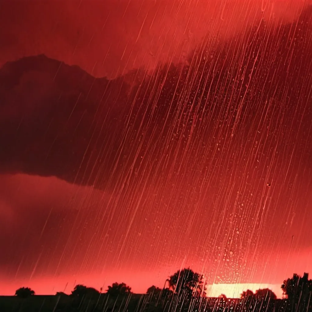 Prompt: rain falling from the sky from a red sky