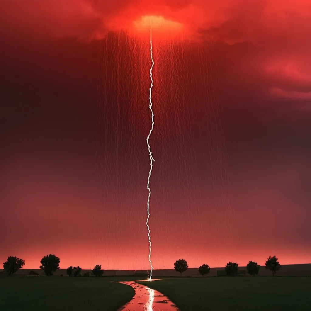 Prompt: rain falling from the sky from a red sky