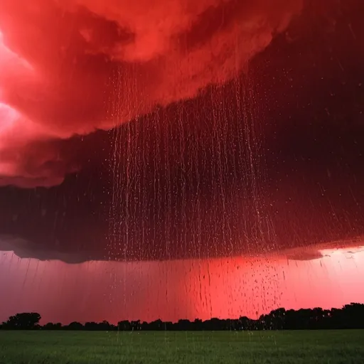 Prompt: rain falling from the sky from a red sky