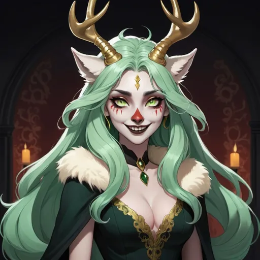 Prompt: Portrait of a woman with long green hair, glowing gold eyes, green upright kitsune ears, wendigo, black antlers, grey skin, black dress, cream colored fur shawl, grinning, similar to Alastor, Radio Demon, Hazbin Hotel style