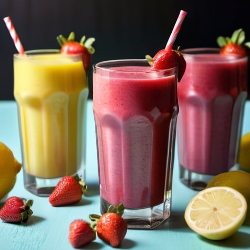 Prompt: foto artistica para mercadeo de 2 smoothies uno de fresa y otro de limonada con hierabuena. En el fondo debe haber frutas de maracuya, lemon, hierba buena, y fresas decorativas. Debe verse dentro de un cafeteria en tonos de madera. El tamaño de la imagen debe ser 3831 x 2161.
