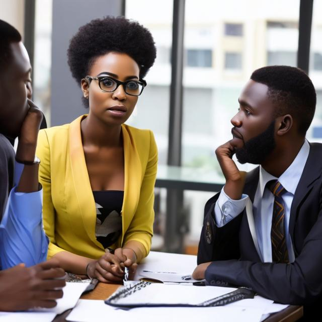 Prompt: An african woman sitting in office talking to other guys.