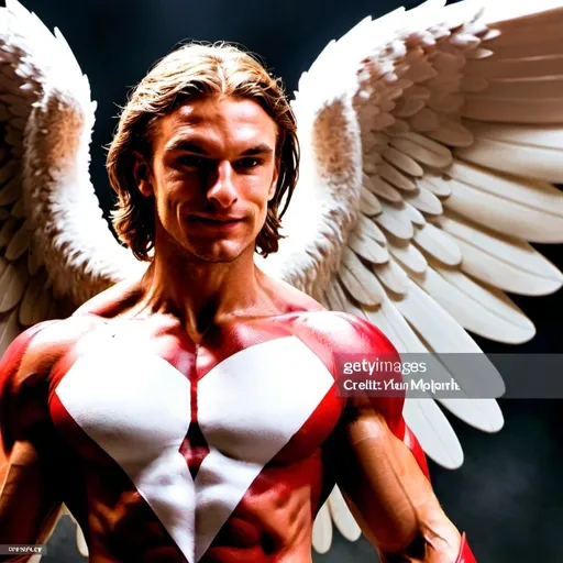 Prompt: male angel from the X-Men, classic red and white suit