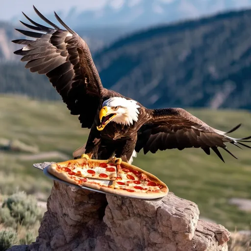 Prompt: A eagle eating pizza in the mountains of Wyoming