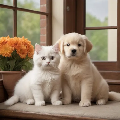 Prompt: Generate a charming AI image featuring a golden retriever puppy romping with an orange tabby kitten, while a fluffy white Persian cat relaxes on a cushioned window seat nearby. Capture the essence of each pet's breed with distinct colors and markings