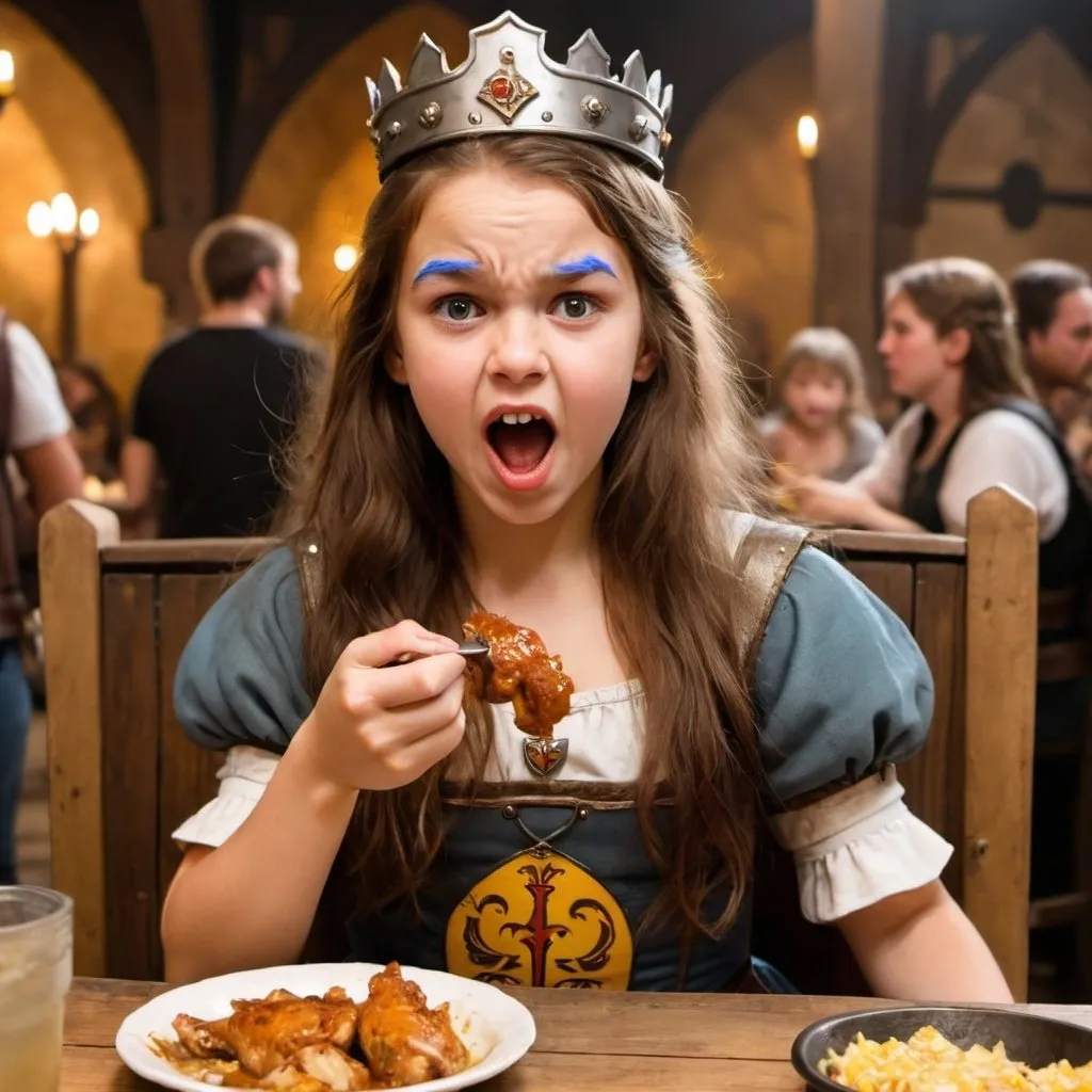 Prompt: A girl with brown hair at medieval times eating chicken and angry 