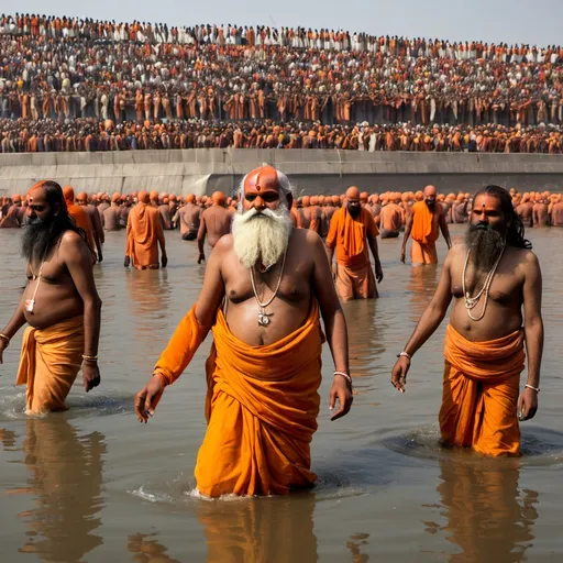 Prompt: Maha Kumbh Mela sadhus taking a dip in the river

