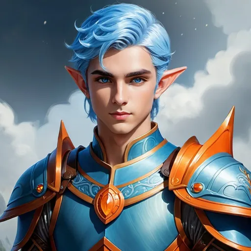 Prompt: Young male elf, blue hair, light blue skin, orange eyes, fantasy, digital painting, fantasy armor, high quality