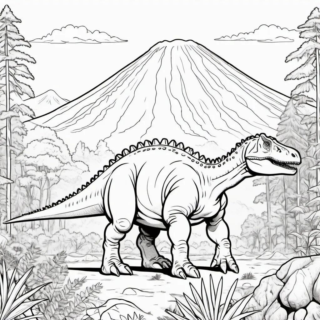 Prompt: Easy sketch coloring page of a Euoplocephalus dinosaur near volcano
, simple outline, green forest setting, detailed scales, coloring book style, simple coloring page,