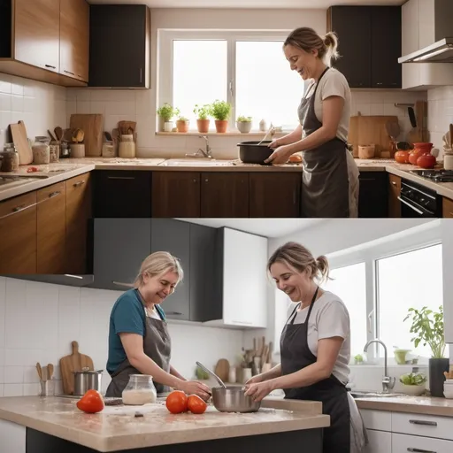 Prompt: A single frame split into two sections showing the same person in a kitchen. In the first section, the person is cooking with a stressed expression, surrounded by a chaotic kitchen with pots boiling over, messy countertops, and a worried look on their face. In the second section, the person is cooking happily, the kitchen is clean and organised, with ingredients neatly arranged, a smile on their face, and a warm, inviting atmosphere. The contrast between the two sections highlights the same in mood and environment." horizontal splitting and add modern kitchen the person is middle age