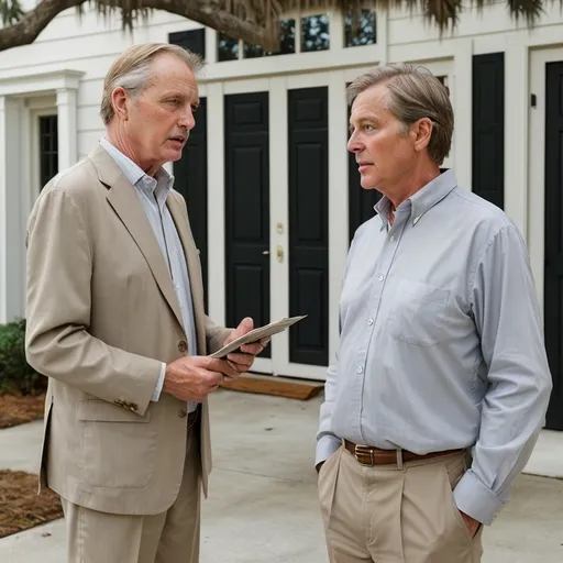 Prompt: Mature man explaining real estate market in Charleston, SC detailed clothing, realistic, natural lighting