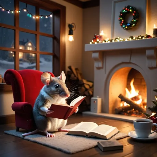 Prompt: Create a picture of a little mouse and a hole and you can see the house and his fireplace and he has a chair that he's sitting at and it's cozy and he's reading a book with his glasses and he has his coffee on a table next to him and Christmas lights are up 
