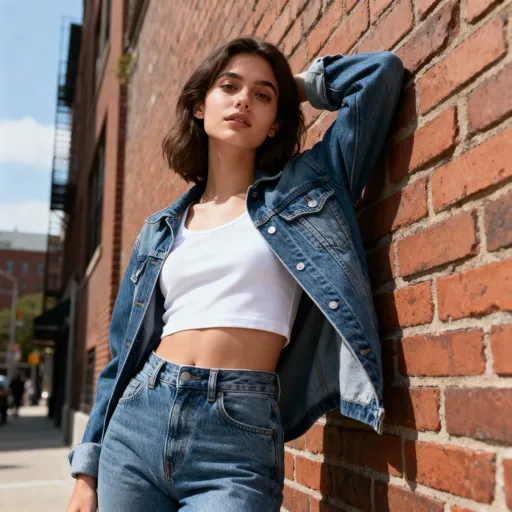 Prompt: A highly detailed portrait of a young woman leaning against a brick wall on a city street. She’s wearing a white crop top, denim jacket, and high-waisted jeans. The image is taken from a slightly low angle, with natural daylight and soft shadows. Realistic skin tones, crisp details, cinematic depth of field, and natural candid expression.