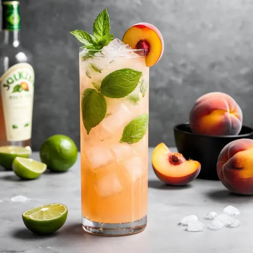 Prompt: peach mojito tall glass over ice