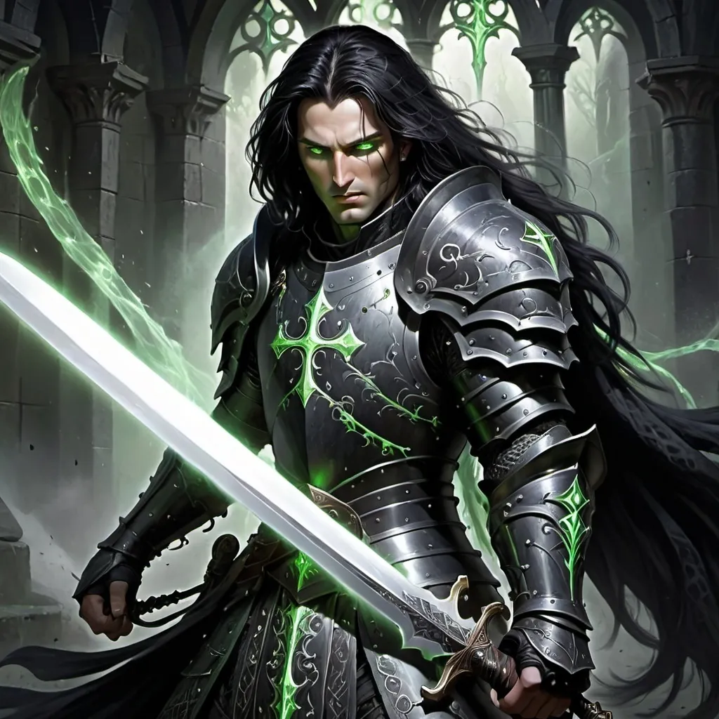 Prompt: (pale white skinned man), (fantasy paladin), long black hair, glowing green eyes, black heavy plate armor, wielding singular black longsword with cross on it, surrounded by thick swirling black shadows, dark color scheme, intense and mysterious ambiance, high-contrast shadows, intricate armor details, ethereal mist effects, (ultra-detailed), cinematic depth, gothic elements.