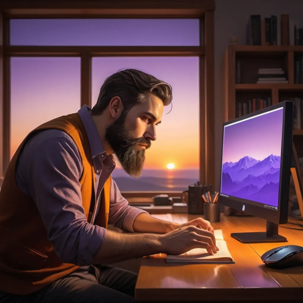 Prompt: A bearded man looks at a book on a desk with a computer screen, keyboard and mouse in the twilight of sunset 