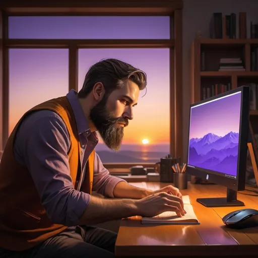 Prompt: A bearded man looks at a book on a desk with a computer screen, keyboard and mouse in the twilight of sunset 