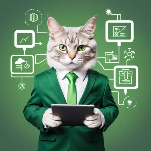 Prompt: GATO Y TRAJE EJECUTIVO,  CON UNA TABLET EN LA MANO, CON COLORES VERDES Y BLANCOS Y EON TEXTO QUE DIGA  TEGNOLOGIAS DE LA INFORMACION  