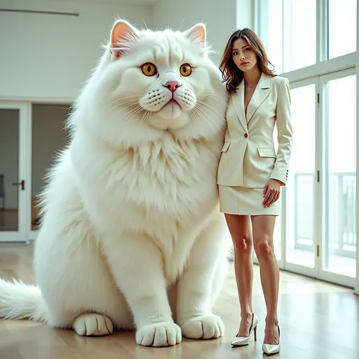 Prompt: A surreal and captivating scene featuring an enormous, majestic white Maine Coon cat sitting indoors beside a poised, elegant woman. The cat’s fur is thick, luxurious, and impeccably groomed, with its golden eyes gazing directly at the viewer, exuding calm and power. The woman, dressed in a sophisticated off-white blazer and matching heels, stands confidently with one hand resting gently on the cat’s massive fur. The setting is a bright, modern room with large windows, allowing soft, natural light to highlight the textures of the fur and the tailored outfit. The overall mood is striking yet serene, blending realism with a subtle touch of fantasy.”