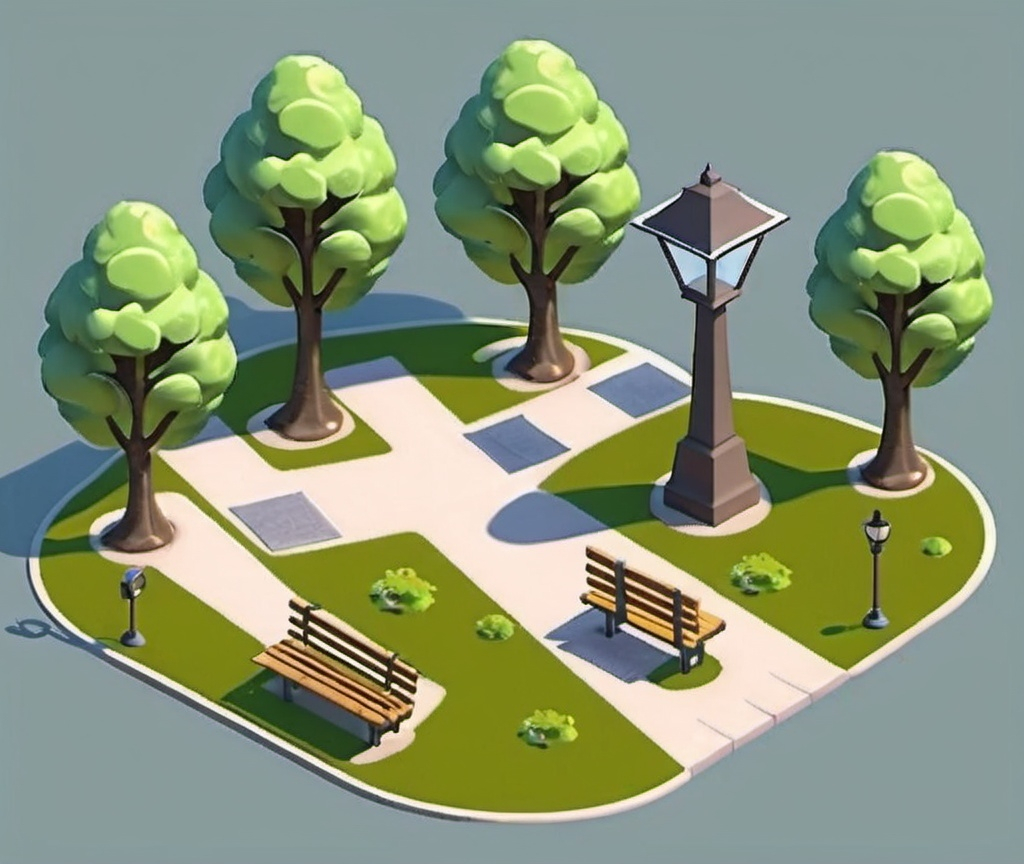 Prompt: cute flying park with trees, benches, lamp post