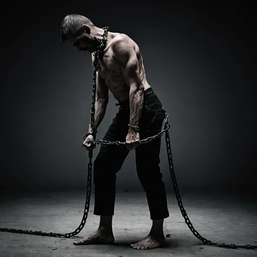 Prompt: 
a man standing up with side view wearing black 
  in pain tied with  iron chains on  his hands and legs and neck

