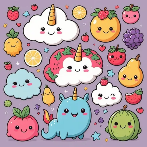 Prompt: Kawaii-style characters (e.g., smiling clouds, happy fruits).
Fantasy creatures (e.g., unicorns, dragons, mermaids).
Playful doodles and illustrations.