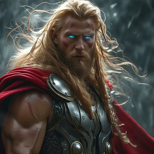 Prompt: Thor, towering warrior of immense strength, long red hair and braided beard flowing, piercing blue eyes full of intensity, battle-hardened face marked by valor, clad in formidable iron gauntlets and rough chainmail, deep red cape billowing dramatically, wielding Mjolnir, surrounded by dark tumultuous clouds and crackling lightning, evoking a powerful and heroic ambiance, high detail, ultra-detailed, epic cinematic lighting.
