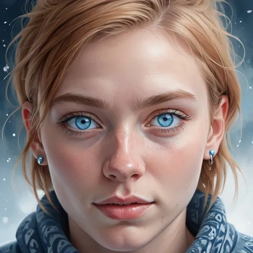 Prompt: Detailed illustration of a person with piercing Nordic blue eyes, cool and serene atmosphere, high quality, digital painting, Nordic, blue eyes, serene, detailed, highres, professional, cool tones, atmospheric lighting