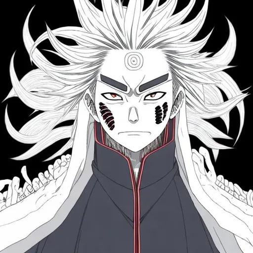 Prompt: Make Kimimaro alternative ending where he becomes leader of the Otsutsuki with all new dojutsu and genjutsu powers, show him in his full prime state and power. Make it into Boruto anime style design, but keep Kimimaro's original look just more developed, more Otsutsuki. Also showcase his bones protruding his body with yellow rinnegans and on his right eye Isshiki's developed dojutsu and on left eye yellow Jogan