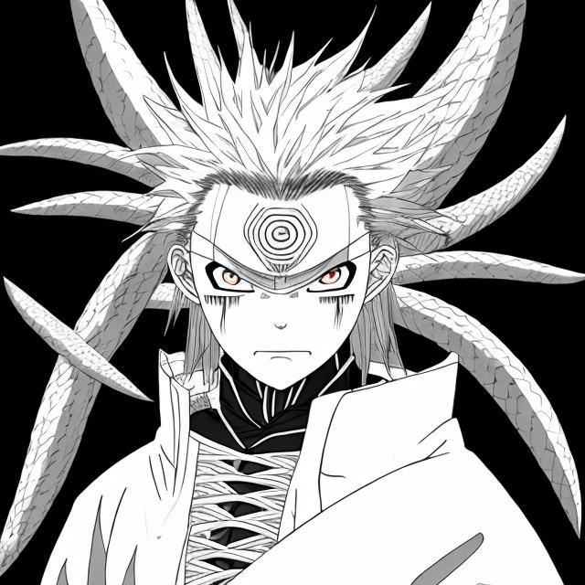 Prompt: Make Kimimaro alternative ending where he becomes leader of the Otsutsuki with all new dojutsu and genjutsu powers, show him in his full prime state and power. Make it into Boruto anime style design, but keep Kimimaro's original look just more developed, more Otsutsuki. Also showcase his bones protruding his body with yellow rinnegans and on his right eye Isshiki's developed dojutsu and on left eye yellow Jogan