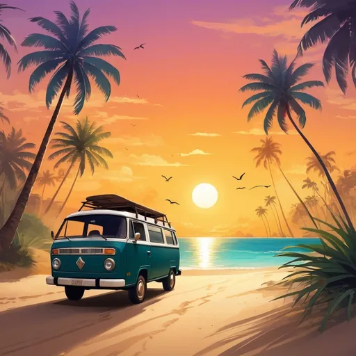 Prompt: 🌅🌴 "Transport yourself to a land where golden sunsets paint the sky over palm-fringed beaches and exotic wildlife roams freely. Design a graphic that evokes the sense of adventure and tranquility found in this idyllic mystical paradise. 🖌️"