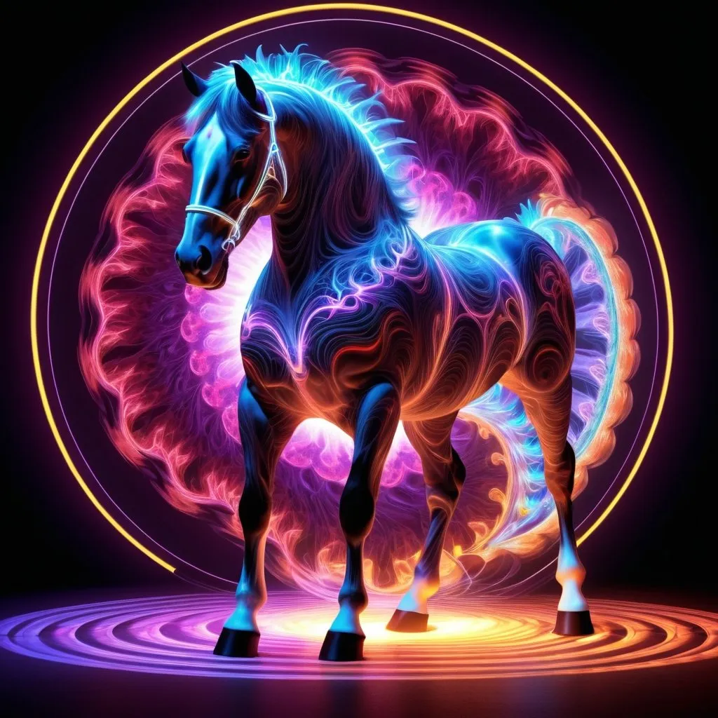 Prompt: (Keyword: Neon Fractal): Create a surreal scene of the Clydesdale horse in a spiralverse dimension, surrounded by neon fractal lighting and flame-like patterns that dance around it.