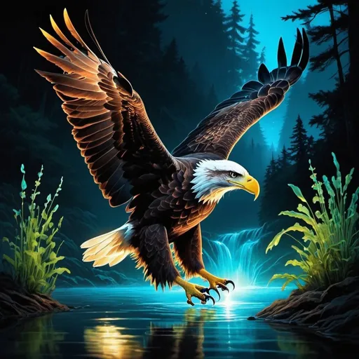 Prompt:  (Keyword: Bioluminescent): Imagine a bald eagle hunting near a bioluminescent river, where glowing fish and aquatic plants illuminate the scene with vibrant colors.