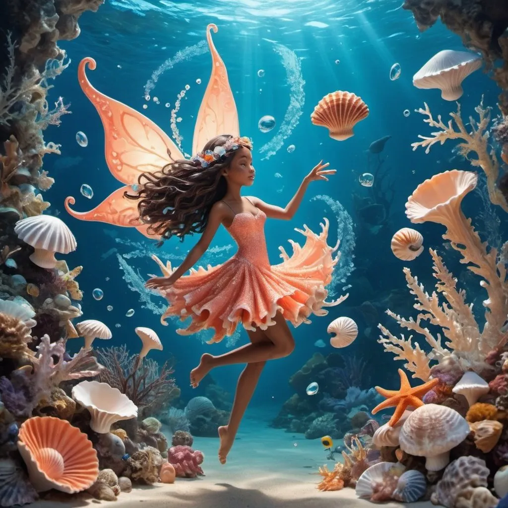 Prompt: "🔮💧 Step into a realm of underwater enchantment, where fairies use their magical powers to protect the ocean's treasures! Craft an awe-inspiring graphic of a fairy conjuring a swirling vortex of seashells and starfish to shield a pristine coral reef. 🌊🧙‍♀️🐚"