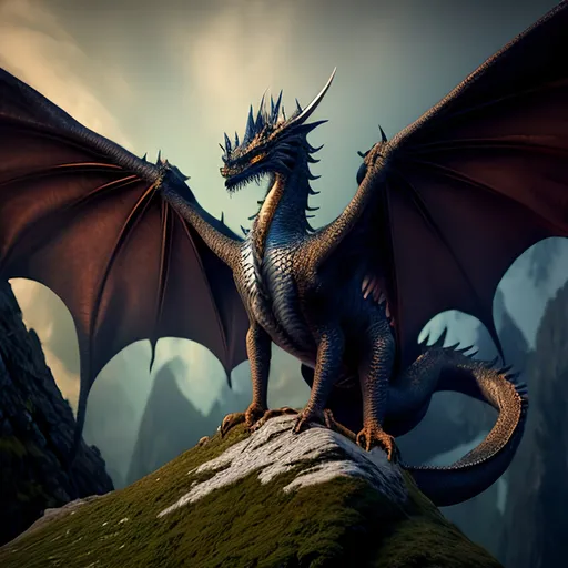 Prompt: A highly detailed photorealistic image of a mythical dragon perched atop a mountain peak, with its wings unfurled and breathing fire, Type of Image: Fantasy creature, Art Styles: High fantasy, D&D inspired, Art Inspirations: Todd Lockwood, Larry Elmore, Renderings: Cinematic lighting, Depth of field, Camera: 200mm telephoto lens, Low angle
