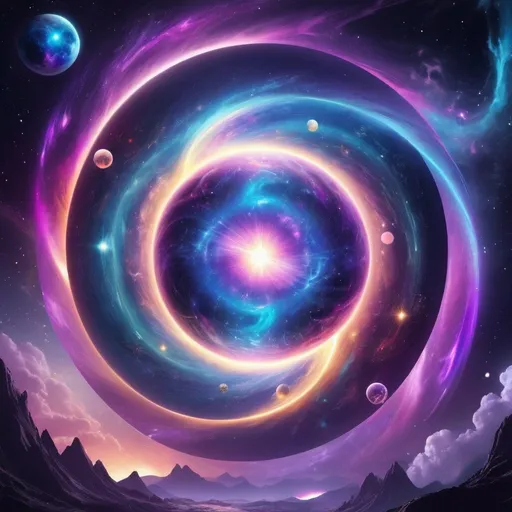 Prompt: 🌌🔮 "Unleash the power of cosmic magic in a realm where swirling galaxies and celestial orbs intertwine. Create a mesmerizing graphic that showcases the fusion of cosmic energy and mystical forces in this extraordinary land. 🖌️"
