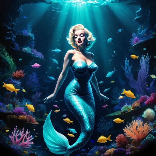 Prompt: BIOLUMINESCENT
Prompt using the specific keyword: Design a mesmerizing underwater scene with Marilyn Monroe as a bioluminescent mermaid, glowing in the depths of a phosphorescent ocean filled with colorful marine life.