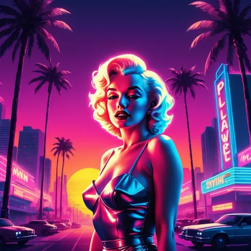 Prompt: SYNTHWAVE
Prompt using the specific keyword: Create a vibrant Synthwave-inspired artwork featuring Marilyn Monroe in a retro-futuristic cityscape, surrounded by neon lights, palm trees, and a glowing sunset.