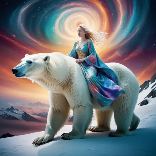 Prompt: In a celestial tapestry, a radiant Goddess adorned in shimmering robes rides a majestic Polar Bear through the swirling colors of the cosmos. Keywords: ethereal, cosmic, majestic, surreal, enchanting. Camera type: digital. Camera lens type: wide-angle. Time of day: eternal twilight. Style of photography: fantasy landscape. Type of film: digital.