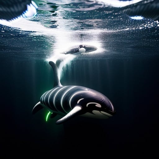 Prompt:  (Keyword: Electric Glow): Capture an orca whale in an electric glow, as it navigates through electrified waters charged with energy from underwater volcanic vents.