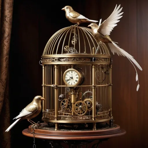 Prompt: . **Steampunk Aviary**: Combine Victorian aesthetics with mechanical elements to craft a fantastical aviary. Clockwork birds, brass feathers, and steam-powered nests abound.