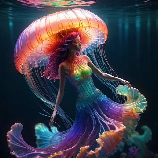 Prompt: A captivating 3D render of a fantastical jellyfish-inspired creature, meticulously crafted from multi-colored glass. The vibrant rainbow hues of the glass shimmer and reflect light, creating a mesmerizing display. The delicate, translucent creature hovers gracefully in an underwater world teeming with lush coral and a kaleidoscope of tropical fish.a mysterious and alluring phoenix woman. The silhouette of the phoenix woman is intricately crafted through a series of vivid interconnected aquatic life, creating an illusion of depth and dimension. features a striking contrast of dark and light shades, accentuating her captivating profile. The cinematic quality of the image adds depth and a sense of motion, making it appear as though the jellyfish is effortlessly floating through the waves in a harmonious dance with its aquatic surroundings., vibrant, photo, 3d render, cinematic