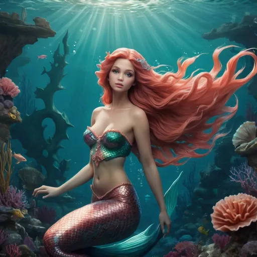 Prompt: ((masterpiece)), (best quality), (detailed), mermaid, mythical, swimming, coral, long hair, scales, hypnotic, fantasy, siren song, underwater