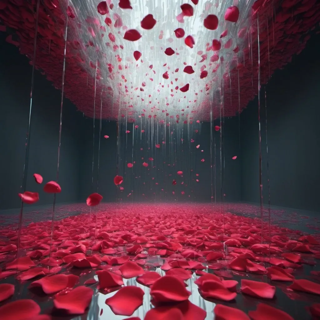 Prompt: Surreal digital environment where brilliant red rose petals materialize from glitched data streams, their ethereal forms phasing in and out of reality.